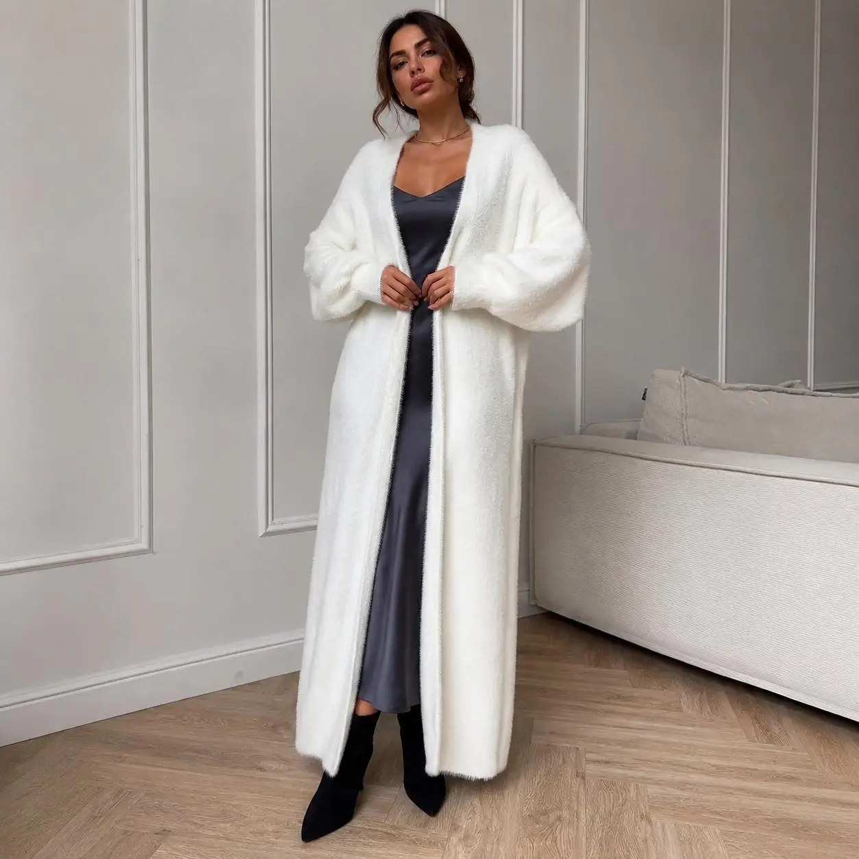Women's White Fuzzy Long Cardigan, Extra Long Open Front Duster Coat with Balloon Sleeves, Oversized Collarless Maxi Sweater Jacket, Elegant Ivory Layering Outerwear for Fall Winter, Evening, Wedding Guest, Party, Travel and Daily Wear,sohochic