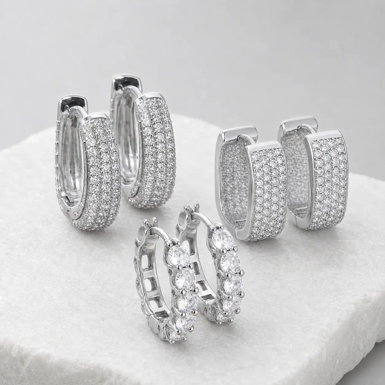 Women's 3-Pair Sparkly Silver Artificial Gemstone Earrings Set - CZ Huggie, Chunky Pave, Crystal Circle Styles, Everyday Jewelry Gift