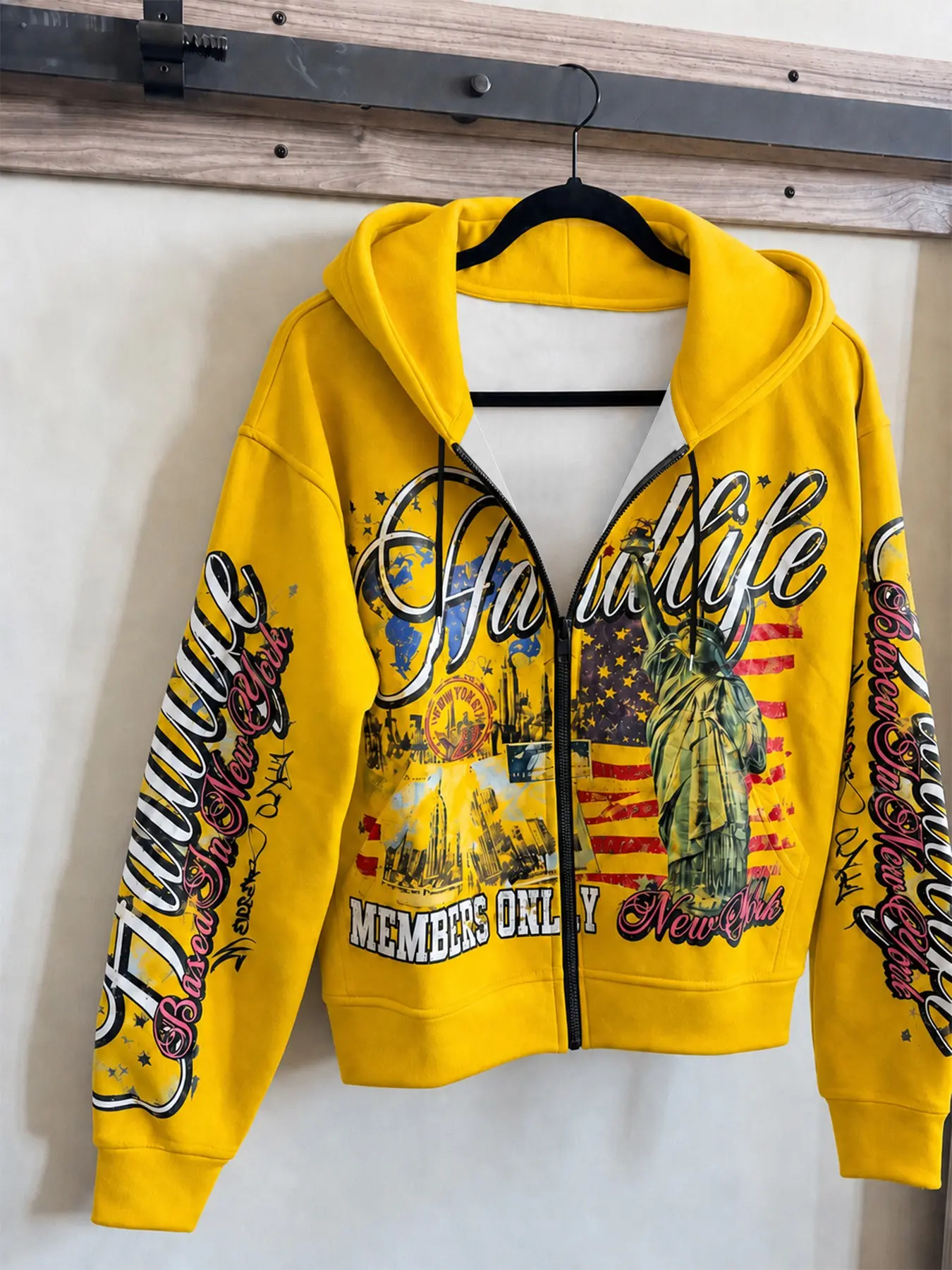 Men's Streetwear Spring Casual Statue of Liberty Graphic Zip-Up Hoodie Jacket, Y2K Style, Long Sleeve, Slim Fit, All Seasons