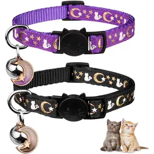 2PCS Breakaway Cat Collars with Bell Moons Stars Cute Kitty Adjustable Safe Kitten Collars with Pendant Glow in The Dark(Black&Purple)