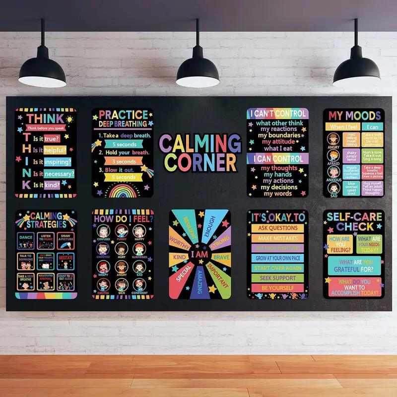 10pcs Classroom Calming Posters Set - Emotion Management & Feelings Chart, Educational Wall Decor for Preschool to Elementary Schools, 8x10 Inches, Unframed, Classroom Decorations for Teachers, Perfect for Room Decor