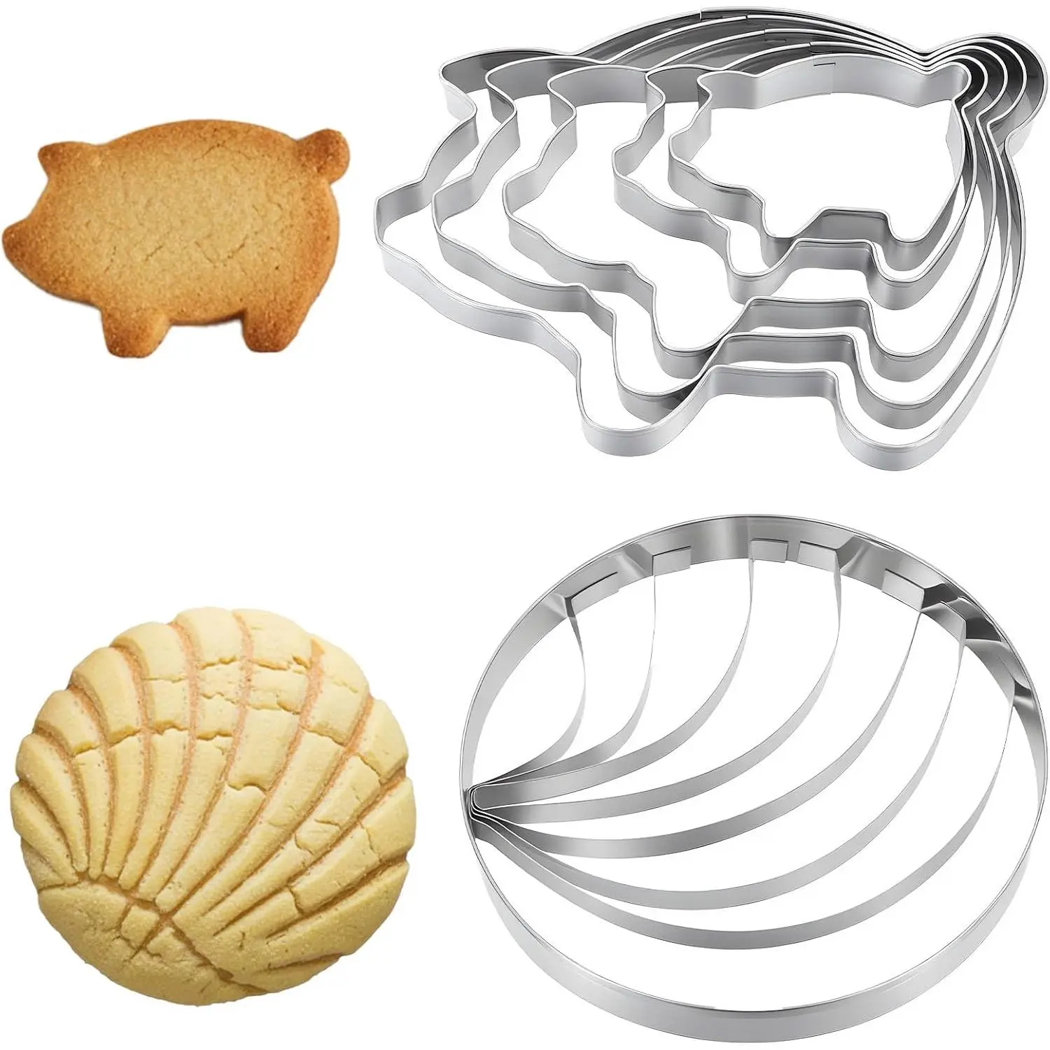 6 count Cookie  - Includes 1 count Mexican Bread Mold and 5 count Pig Concha  for  Conchas - Donut Biscuit Cutters Variety Pack Baking Supplies Kitchen Appliances