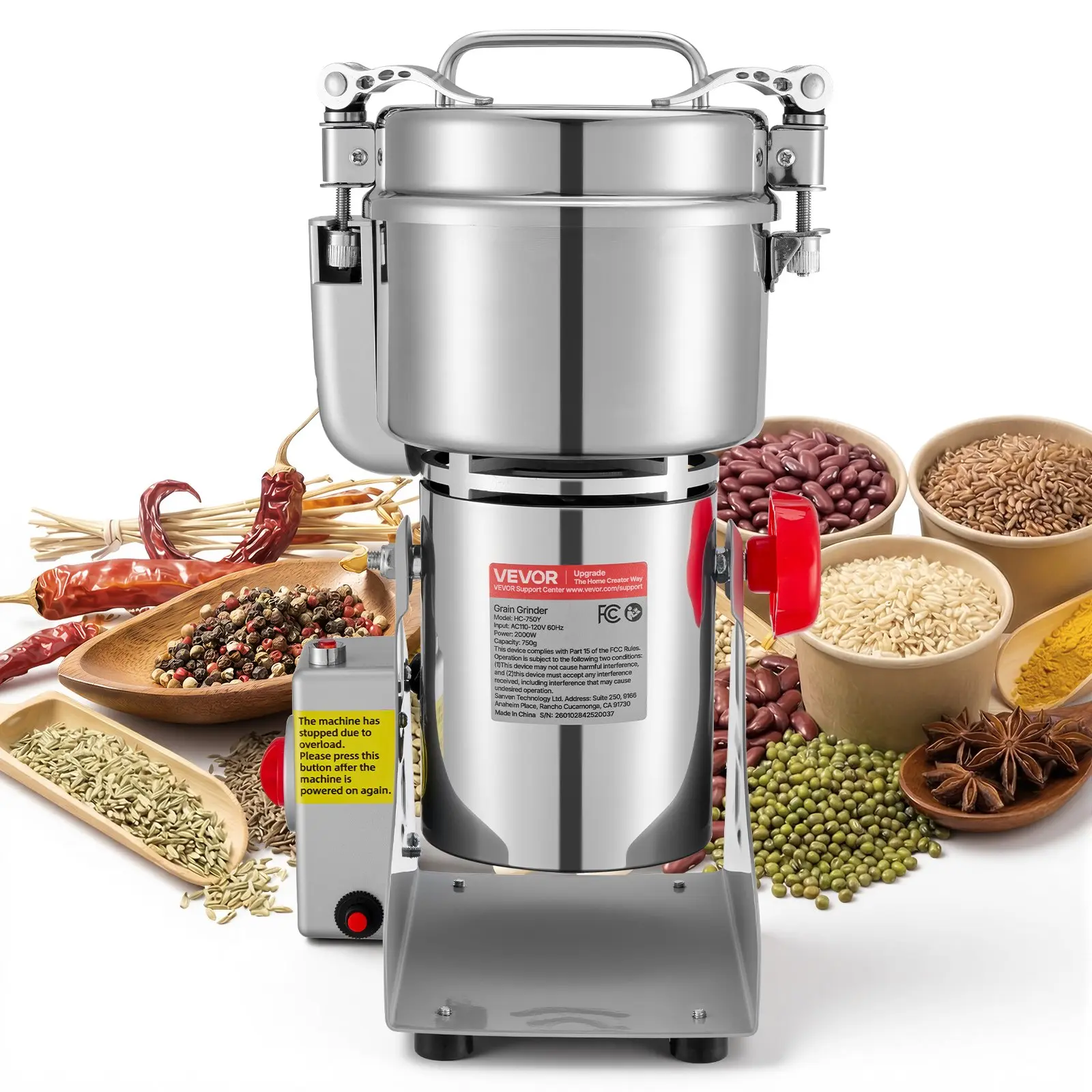 VEVOR 750g Stainless Steel Electric Grain Mill Grinder, 2000W 28000 RPM Overload-Safe Swing-Type Dry Pulverizer for Dried Grains, Coffee Beans