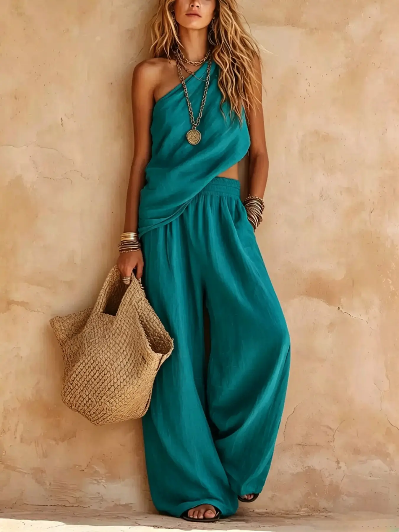Boho Solid Black Woven Textured Fabric Asymmetric One Shoulder Wrap Cut Out Crop Top & Elastic Drawstring High Waist Wide Leg Pants 2 Piece Set, Women Casual, Loose Full Length Vacation Outfit, Summer Coastal Beach Travel OOTD