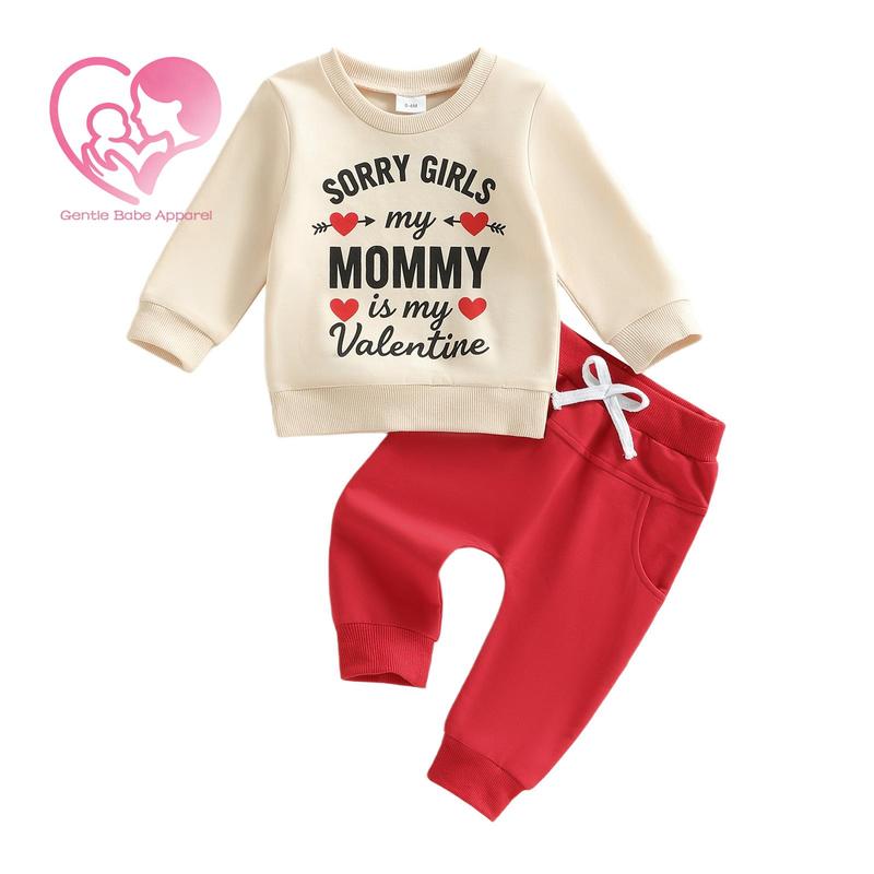 (70%Cotton) Toddler Boy Valentine's Day Outfit Heart Letter Long Sleeve Sweatshirt Solid Joggers 2 Piece Set Cute Valentine ClotheAs Baby Boy Spring Casual Wear My First Valentine Clothing