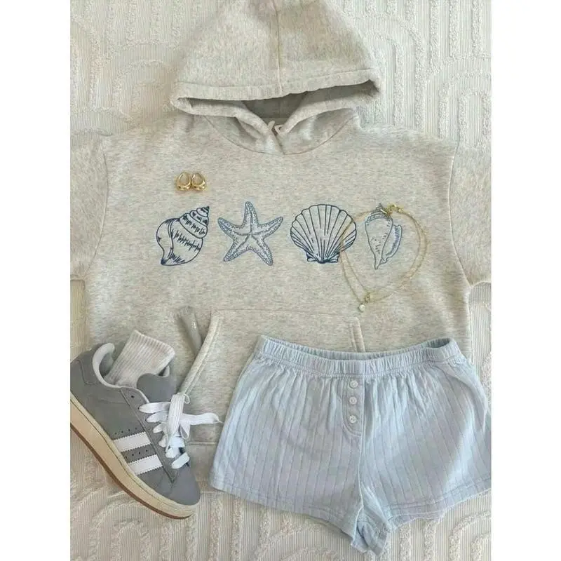 Seashell Print Hoodie, Cute Women's Hoodies For Fall, Back To School Pullover Sweatshirt, Casual Women's Oversized Long Sleeve Hoodie For Fall Outfits Womenswear Tops