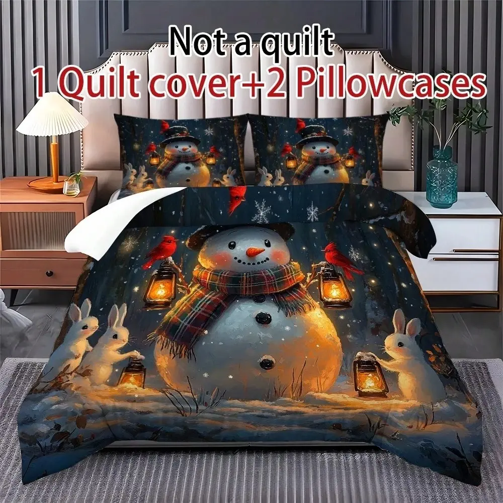 Christmas Snowman Print Bedding Set, 1 Duvet Cover + 2 Pillowcases, High-Definition Printing, Home & Dormitory Bed Linen