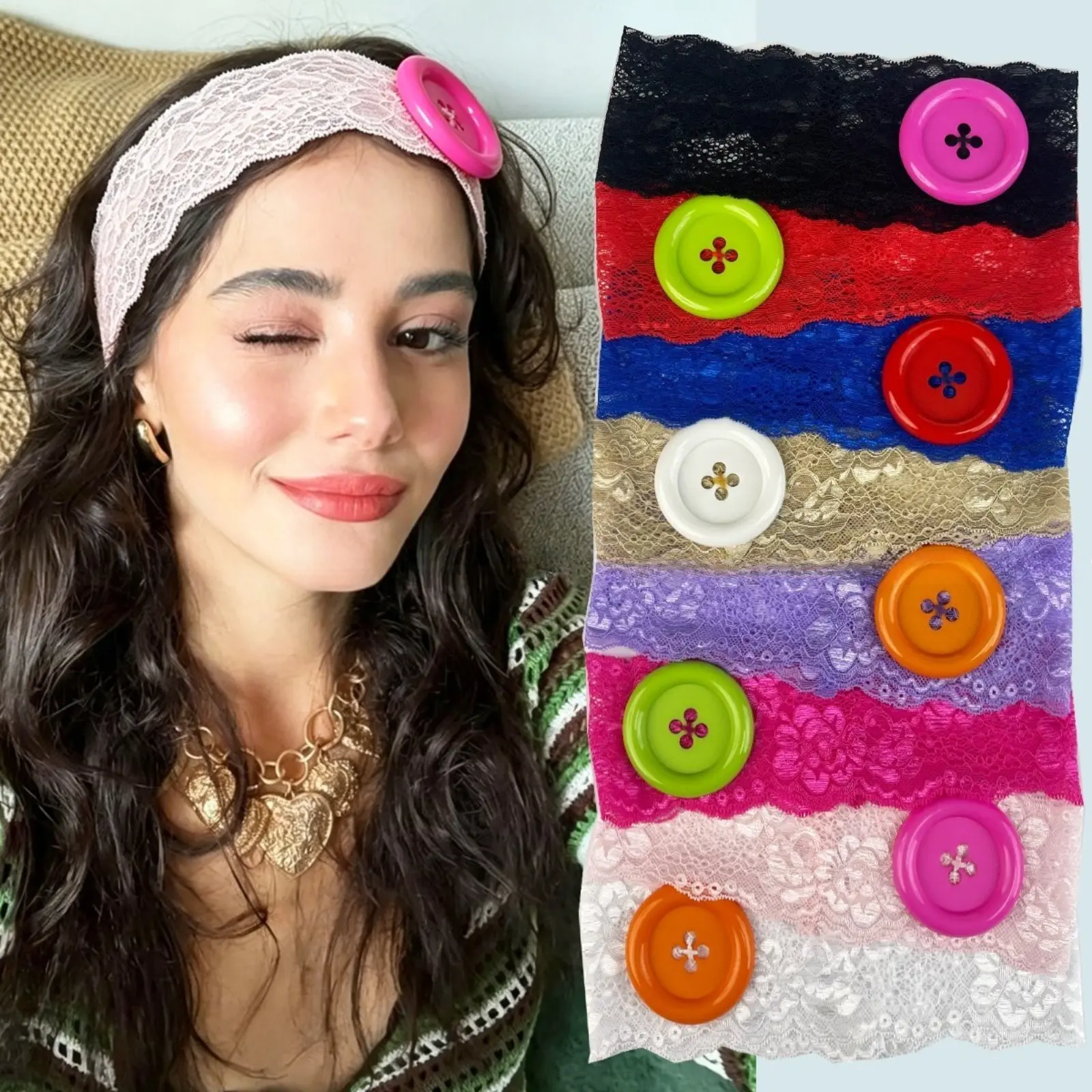 8Pcs/1Pcs Oversized‑Button Lace Headband, Ins‑Style Hollow‑Out Ruffled Hair Band, Dopamine‑Vibe Colorful Boho Headscarf, Fashion Decor Hair Accessory for Outdoor Going‑Out Travel & Daily Outfit Styling