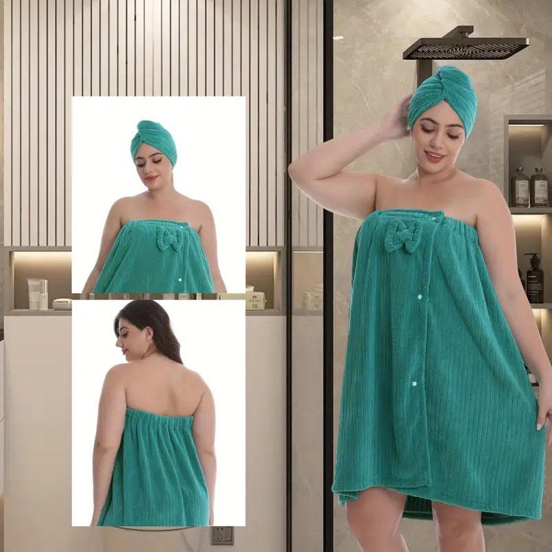 Women's Plus Size Bathrobe Set, Lightweight Spa Robe, Adjustable Dry Hair Towel Set, Comfortable Body Wrap, Casual All-Season Wear