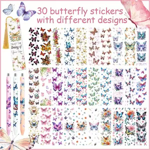 A Set of 30 Butterfly-Themed UV DTF Wraps Featuring Various Designs, Perfect for Book Lovers' Projects. Ideal for Decorating Pens Or Blank Acrylic Bookmarks, These Personalized Ballpoint Pen Stickers Make Great Gifts for Girls
