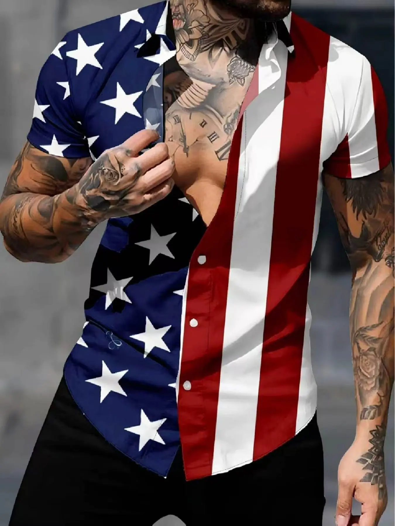 Men's American Flag Print Short Sleeve Shirt, Patriotic Style, Casual All-Season Blouse, Fitted Design, Plain Surface, Unlined