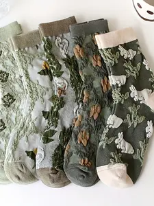 5 Pairs Retro Forest Style 3D Embossed Mid-Calf Socks, Cute Bunny Floral Cotton Socks, Fashionable Versatile Country Women's Socks