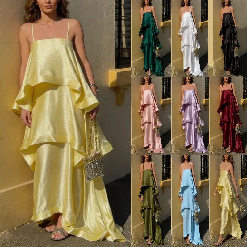Women's 2026 Retro Coastal Formal Satin Maxi Dress - Euro-American Chic, Round Neck, Sleeveless Spaghetti Straps, Tiered Flowy Cake, Loose Relaxed Fit, Lightweight, Beach-to-Party Wear, Beach Vacation Outing
