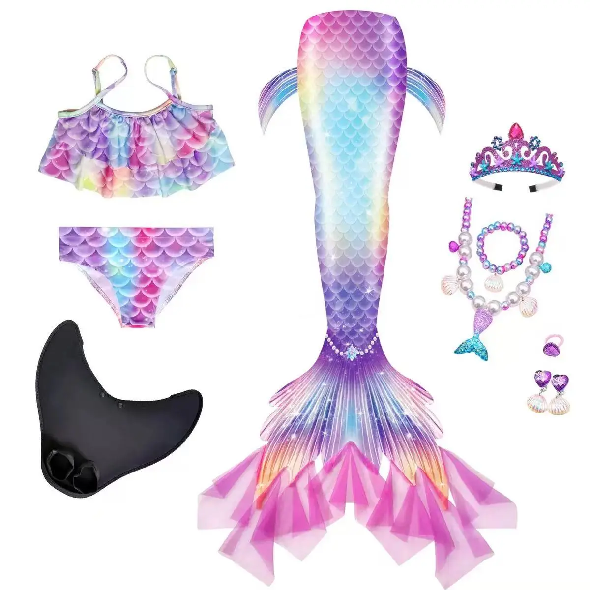 Zz Girls' Mermaid Swimsuit Set, All Seasons - Birthday Gifts & Parties Dress Up Costume For Parties Mermaid Swimsuit Incl: Top, Bikini Bottoms, Mermaid Tail, Mermaid Tail Coin Purse, Necklace, Bracelet, Earrings,