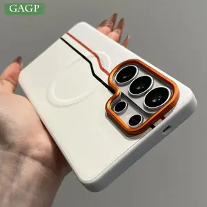 Luxury Color-block Dual-Line for Magsafe Phone Case for Samsung Galaxy S26 Ultra S25 Edge S24 Ultra Plus Orange Lens Frame Cover
