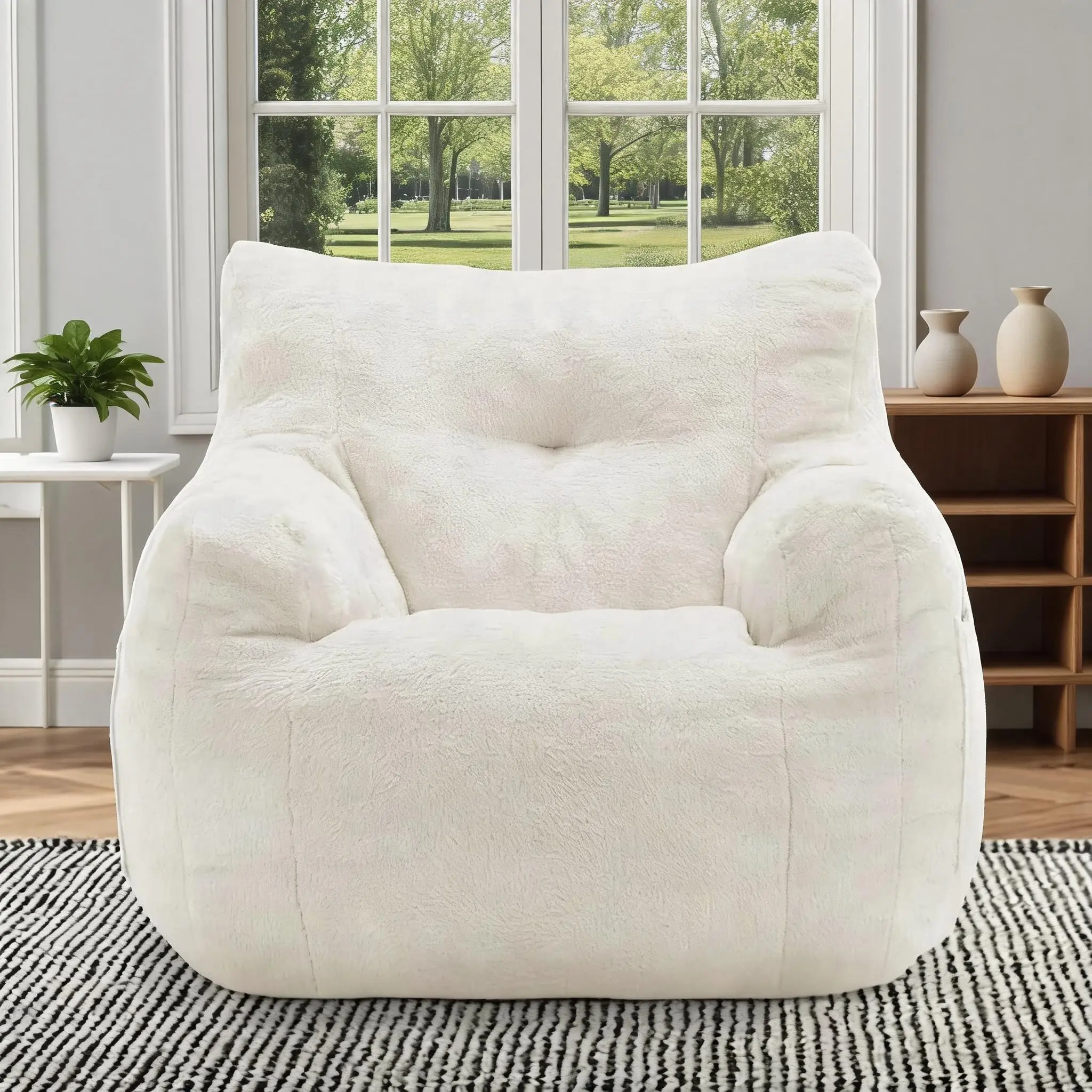 Beige Square Plain Fabric Memory Foam Bean Bag Chair with Armrests, Ergonomic Leisure Sofa with Side Pockets Carry Handle Anti-Slip Base, Vacuum Compressed No Assembly Required for Bedroom Living Room Balcony Home Daily Use, Multiple Colors Optional 31.49
