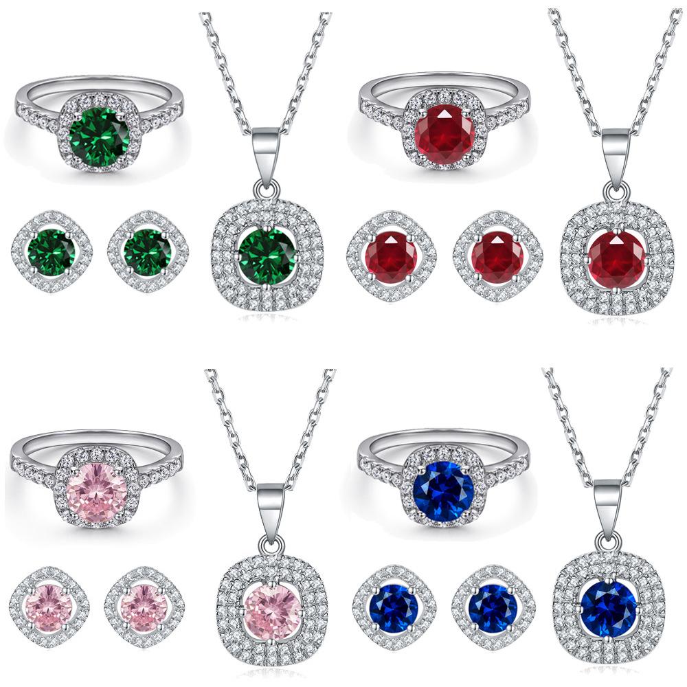 Exquisite artificial gemstone set: s925 sterling silver zircon ruby earrings, aquamarine necklace, pink diamond ring, three-piece jewelry set.Suitable for parties and dances, holiday gifts, and gifts for couples