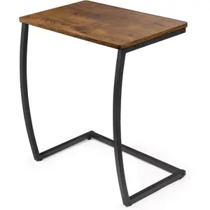 Vintage C-Shaped Side Table with Matte Black Iron Frame, Dark Walnut Snack and Laptop Table for Living Room Sofa