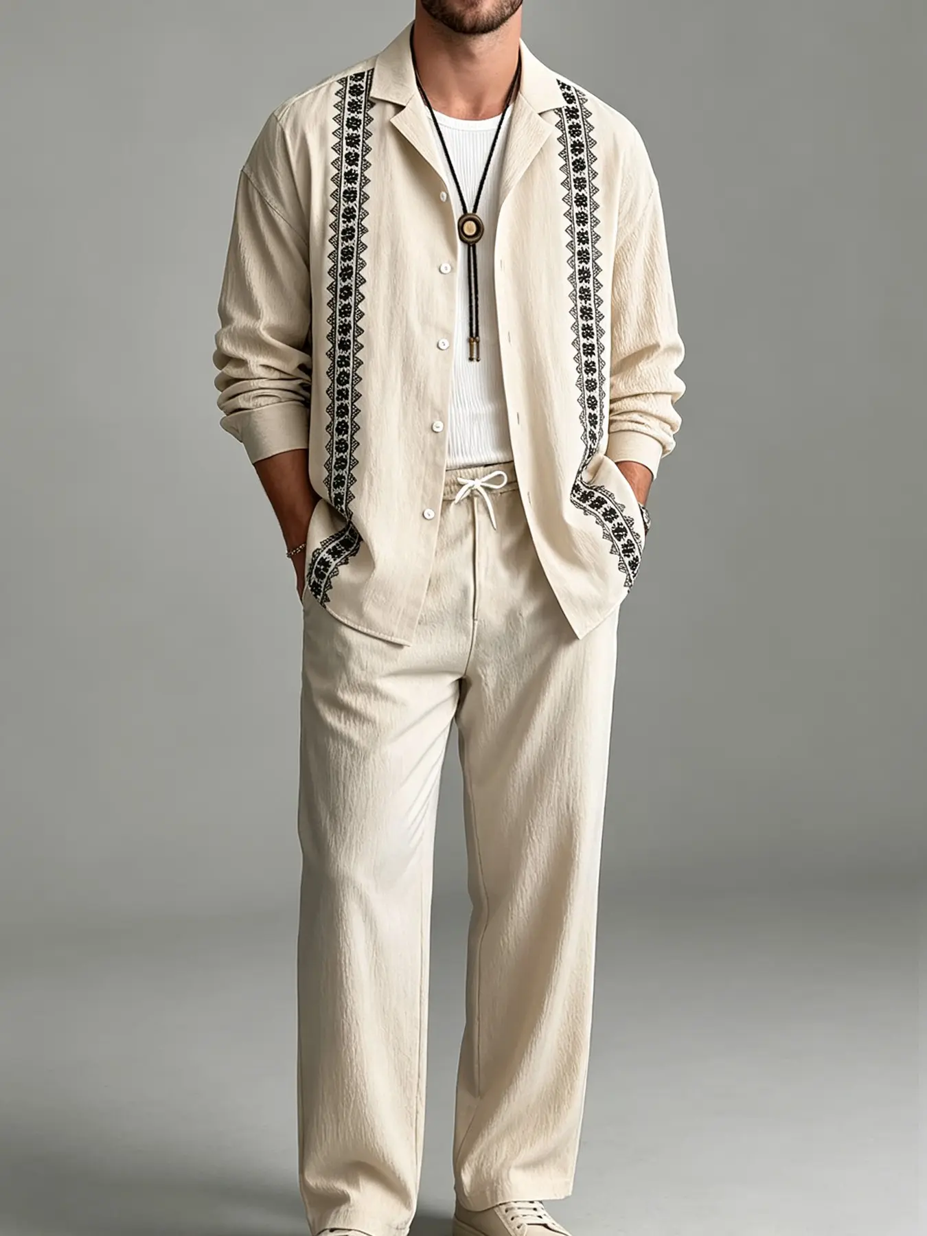 Men Khaki Ethnic Floral Geometric Border Print 2 Piece Outfit Set, Menswear, Notch Lapel Cuban Collar Long Sleeve Button Down Shirt, Elastic Drawstring Waist Wide Leg Pants With Side Pockets, Lightweight Crinkle Textured Fabric, Casual Co-Ords Sui