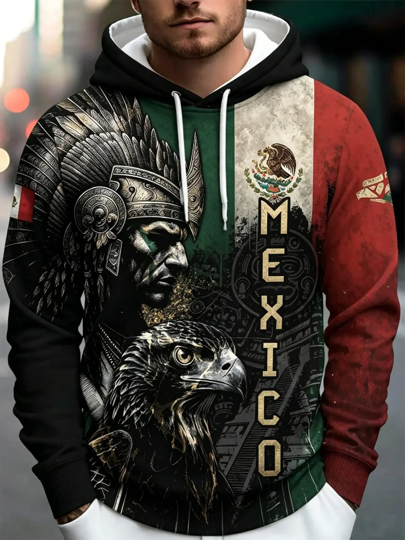 Men's Aztec Totem Mexican Flag Graphic Print Hoodie, Breathable Casual Sporty Sweatshirt, Casual Hooded Sweatshirt, Loose-Fitting All-Seasons Apparel, Graphic Sweatshirts