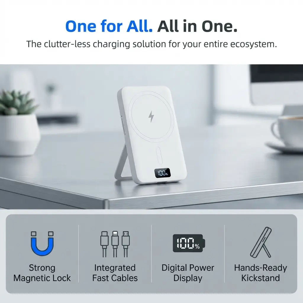 HCELET 10000mAh Magnetic Portable Charger with Stand - MagSafe Wireless Power Bank for iPhone, Built-in 3 Cables (USB-C/USB-A/Lightning) for Universal Fast Charging, Smartphone Emergency Power Pack for Mobile Devices & Accessories, Chargeable