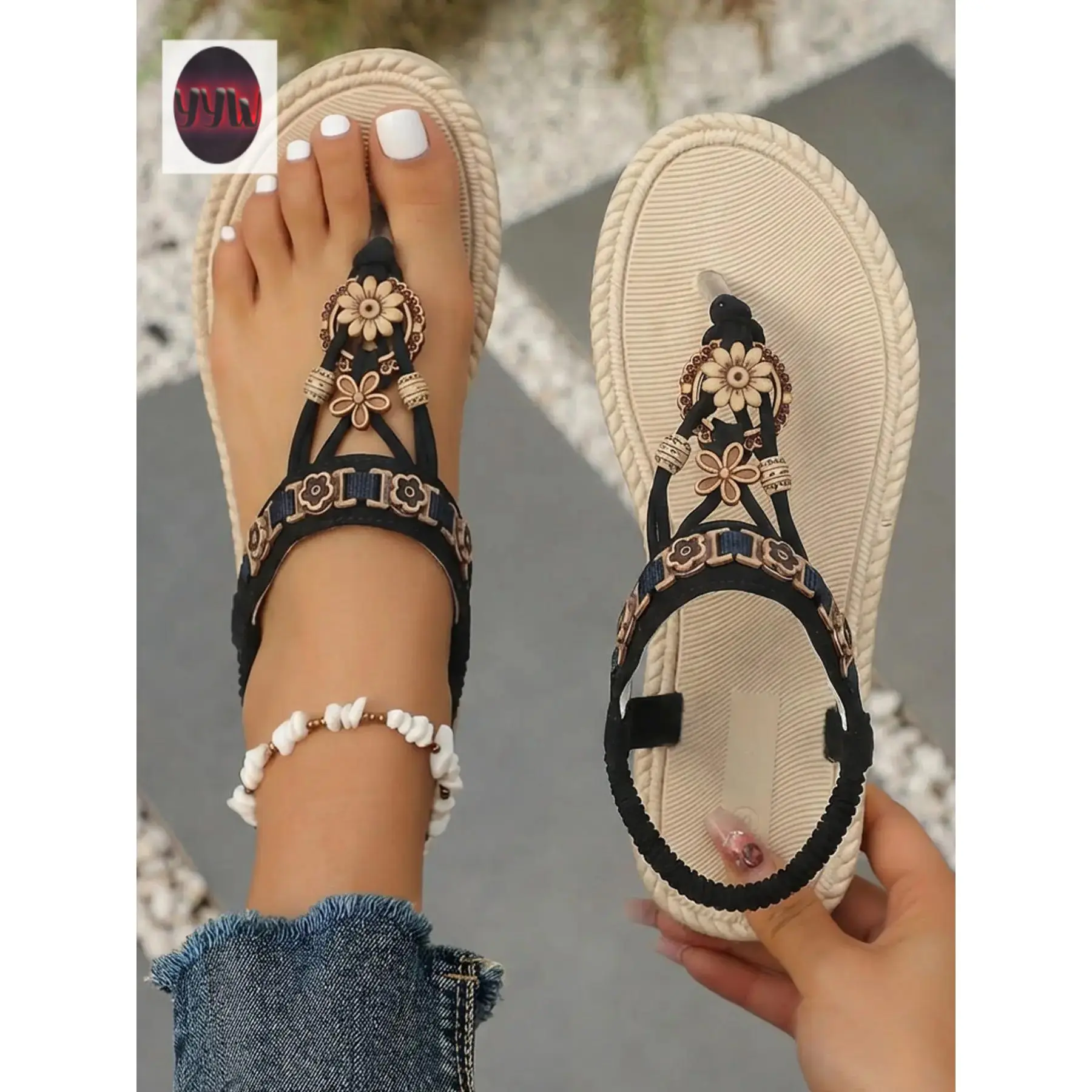 YYW1 2026 New Posey Style Women's Lightweight Eva Flat Sandals, Fashion Floral Sandals, Flower Outdoor Sandals, Elegant Round Toe Beaded Beach Shoes, Casual Outdoor Shoes