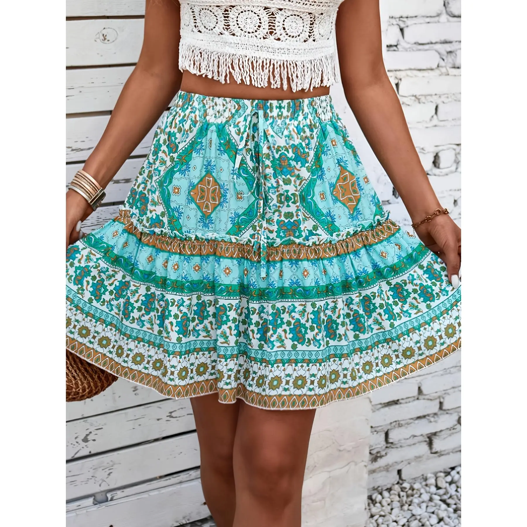 All-Over Print Front-Tie Ruffled Hem Half Skirt Niannian