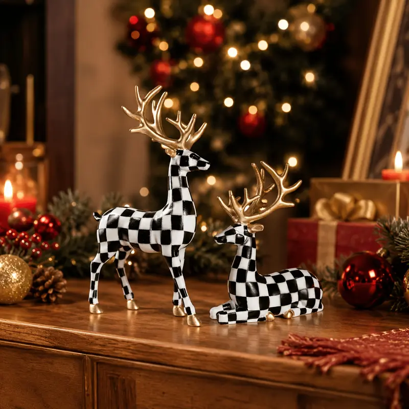 Christmas Decor 2-Piece Resin Checkerboard Reindeer Figurines - Reindeer Theme, Black & White Plaid, Gold Antlers, Modern Tabletop Display Ornaments for Living Room, Mantel