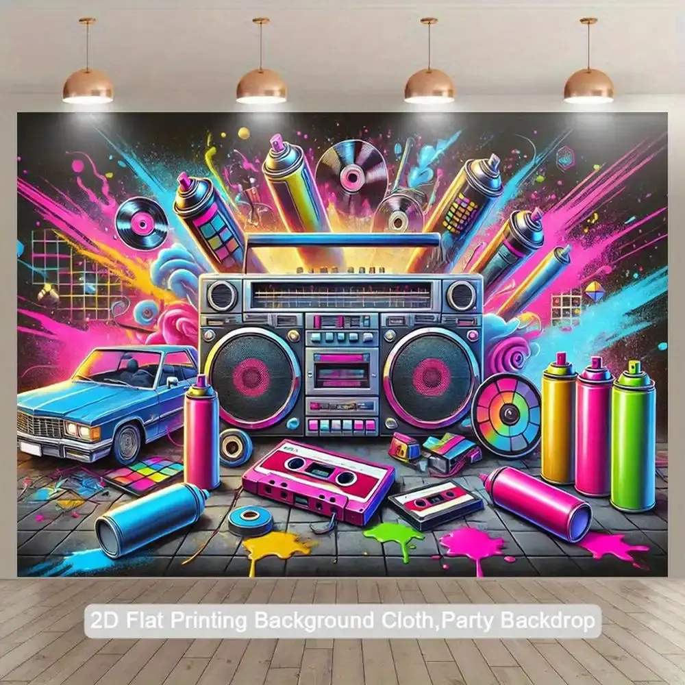 2D plane, 1 retro 80s-90s music and game party backdrop, featuring neon radio, cassette tapes, cubes and 80s icons