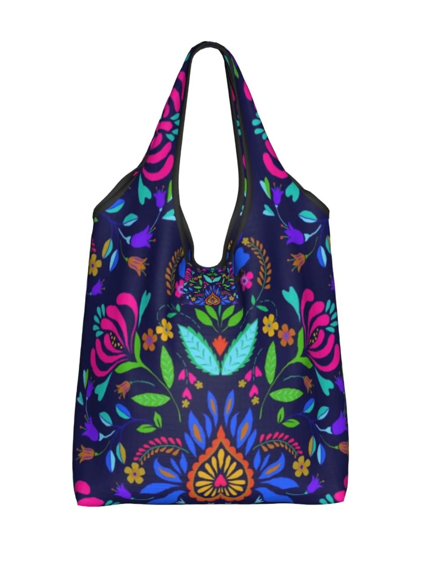 Vintage Floral Print Foldable Eco Shopping Bag, Large Capacity Tote, Boho Style, Mexican Embroidery, Lightweight Waterproof, Daily Use