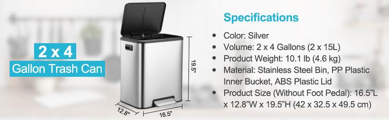 GARVEE 2x4 Gallon Stainless Steel Dual Trash Can and Recycling Bin with Removable Inner Bin and Soft Close Lid for Home Office and Business Use, Elegant Silver Design for Modern Spaces.