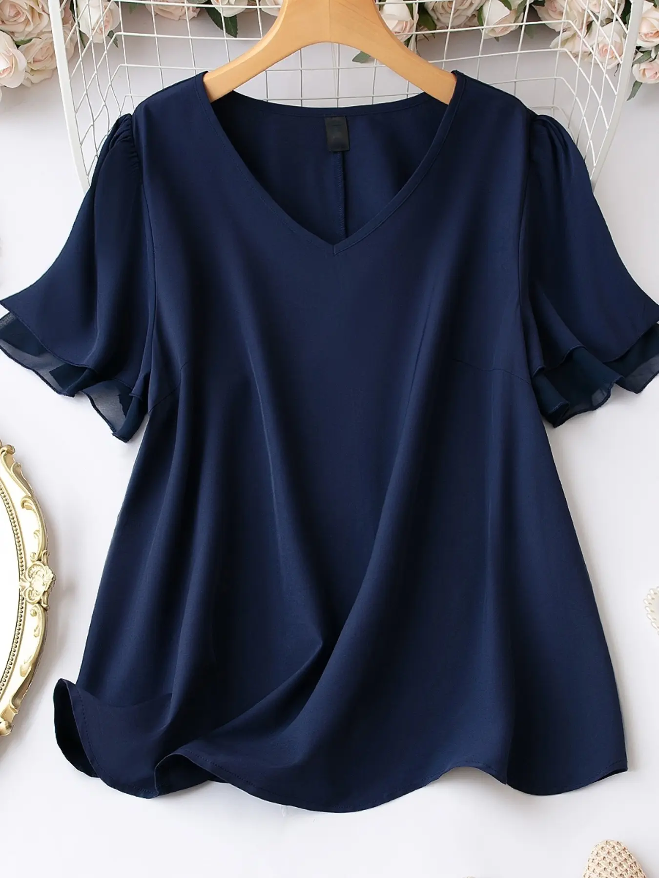 Plus Size Women's V Neck Layered Ruffle Short Sleeve Navy Top, Flowy Chiffon Fabric, Loose Fit, Conceals Fat, Casual Daily Wear