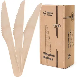 100 Count Wooden Disposable Knives, Splinter-free Biodegradable Eco-friendly Compostable Utensils for Outdoors, Parties and Events