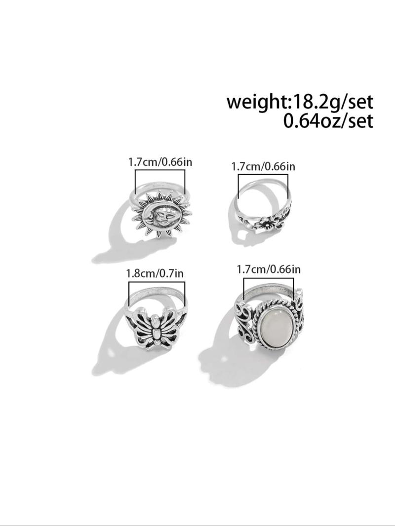 4pcs/set Vintage Butterfly & Flower Design Grunge Ring Bundles Kit, Streetwear Stack Ring, Fashion All-match Accessories for Women & Girls