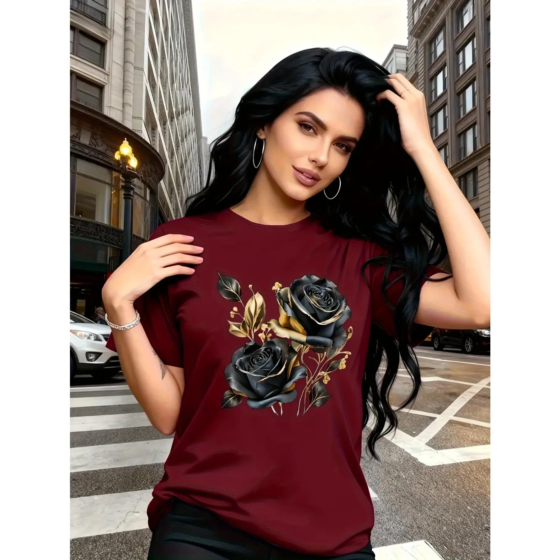 Women's Golden Rose Applique T-Shirt, Casual Crew Neck Short Sleeve Regular Fit Knit Top for Daily Wear, Shortsleeve, Fabric