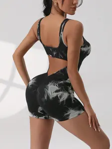 Thin Vertical Stripe Tie-Dye One-Piece Shorts, U-Back Design, High Elasticity, Body-Fitting, Perfect for Photoshoots