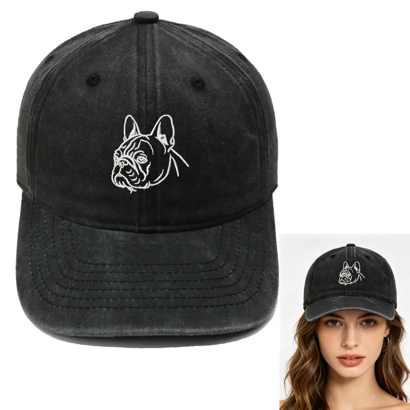 Embroidered French Bulldog Line Art Washed Cotton Dad Hat - Unisex Clothes, Adjustable Size, Distressed Look, Embroidery Detail, Casual Wear Sun Hat for Pet Lovers, Aesthetic Gift, Sports & Outdoor Headwear