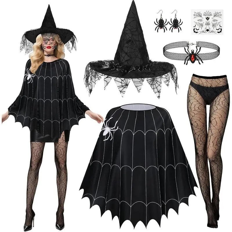 Women’s 6-Piece Spiderweb Witch Costume Set, Halloween Cape Poncho, Witch Hat, Stockings & Accessories, Lightweight Gothic Party Cosplay Outfit