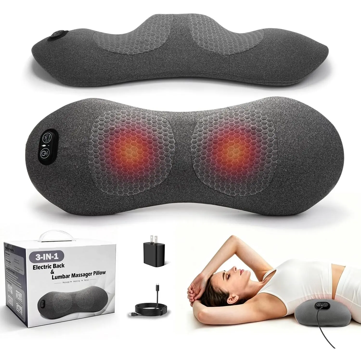 2026 Upgrade 3-in-1 Triple Fusion Back Massager,High Frequency Massage Lumbar Support Pillow with Heat & Airbag Stretching for Spine Relief,Lower Back Massager for Office,Sofa,Car,Travel (Starry Gray)