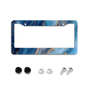 Blue Gold Marble Pattern License Plate Frame - Cute Colorful Alcohol Ink Liquid Texture Aluminum Car Tag Cover with Screws Caps, Elegant Deep Ocean Agate Geode Novelty Auto Exterior Accessories Decoration Gifts Women Men Fits US 12x6 Inch