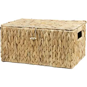 Large Wicker Basket with Lid, Rectangular Water Hyacinth Storage Baskets for Organizing, Woven Basket for Storage, Decorative Boxes Bins with Lids Home Organizer Decor