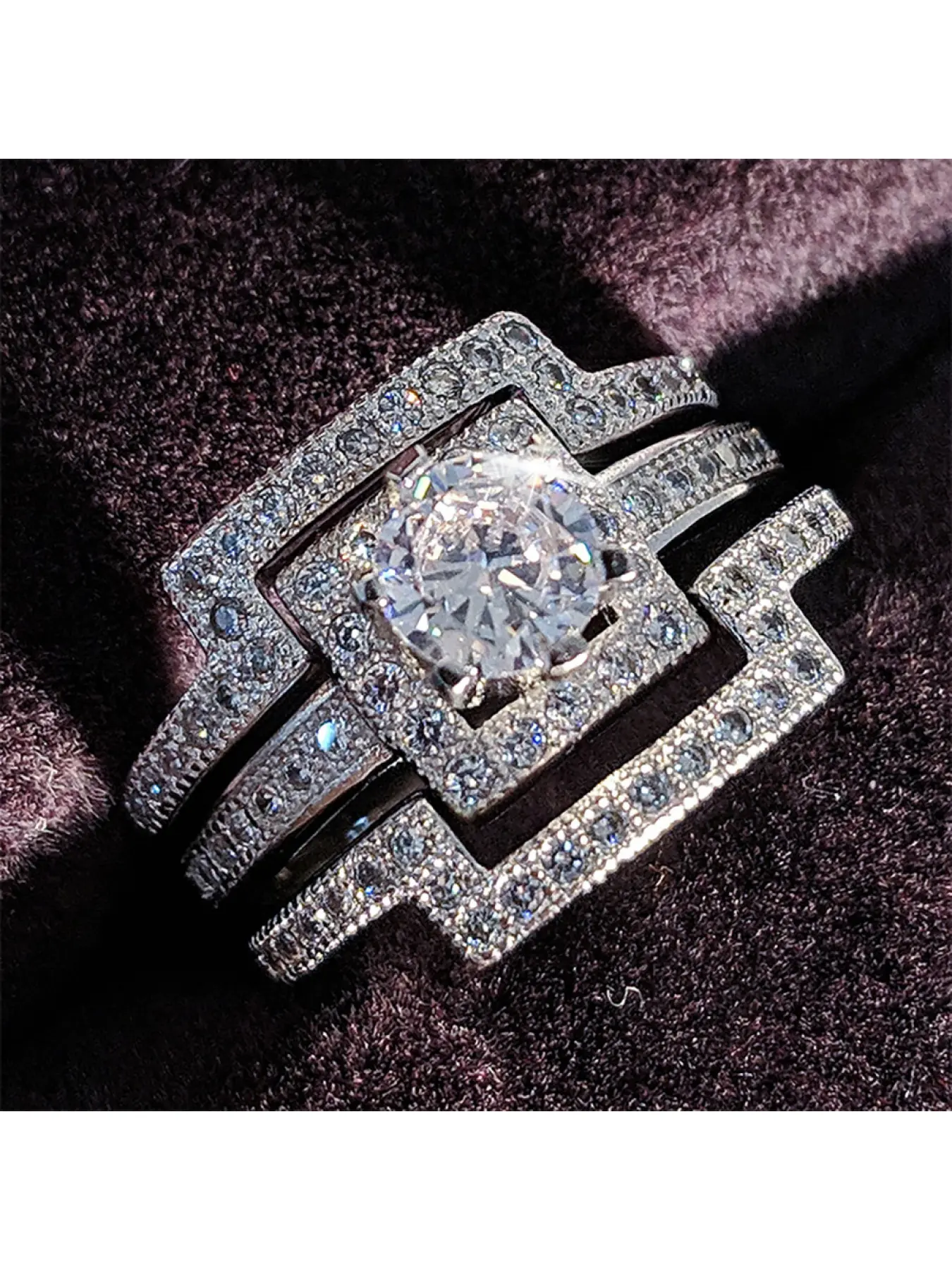 3Pcs Square Halo Stackable Ring Set For Women, Shiny Cubic Zirconia Wedding Engagement Band, Silver Plated Bridal Promise Jewelry Gift, Square Shaped Ring