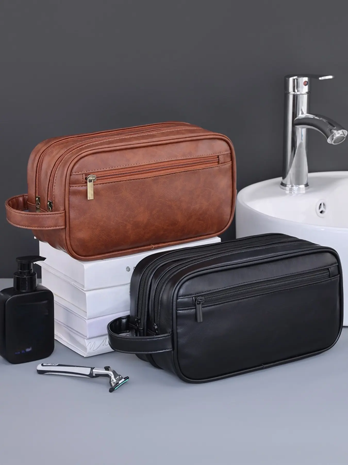 Large Capacity Double-Layer PU Leather Makeup Bag, Portable Travel Men's Leather Wash Bag, Multifunctional Cosmetic Organizer Bag with Zipper, Cosmetic Travel Bags