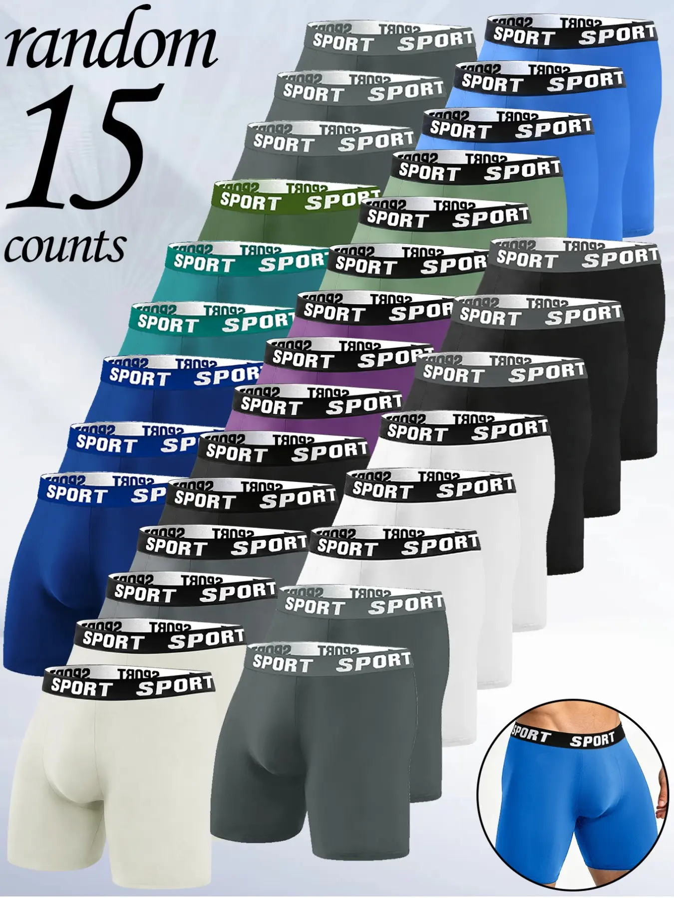 15 pcs men's slim fit Long style flat cornered Elastic Knit underwear, Underwear Boxer Briefs, Soft, lightweight, elastic waistband, suitable for Four Seasons sports and daily casual wear, fitness boxing underwear