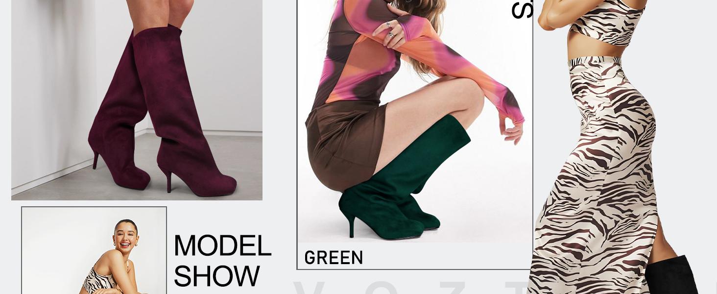 SUNDAY MIRTH Women's Knee High Suede Boots for Women Wide Calf Square Toe Stiletto Heels Tall Boots Pull On High Heel Long Booties