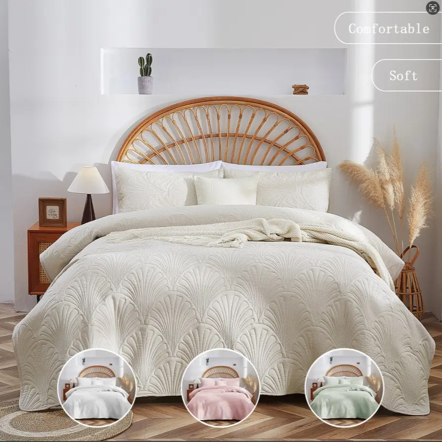 Queen Size Bedspread Set, Classic Geometric Rhombus Embroidery, Ultra Soft Microfiber Lightweight Bedding, Suitable for All Seasons