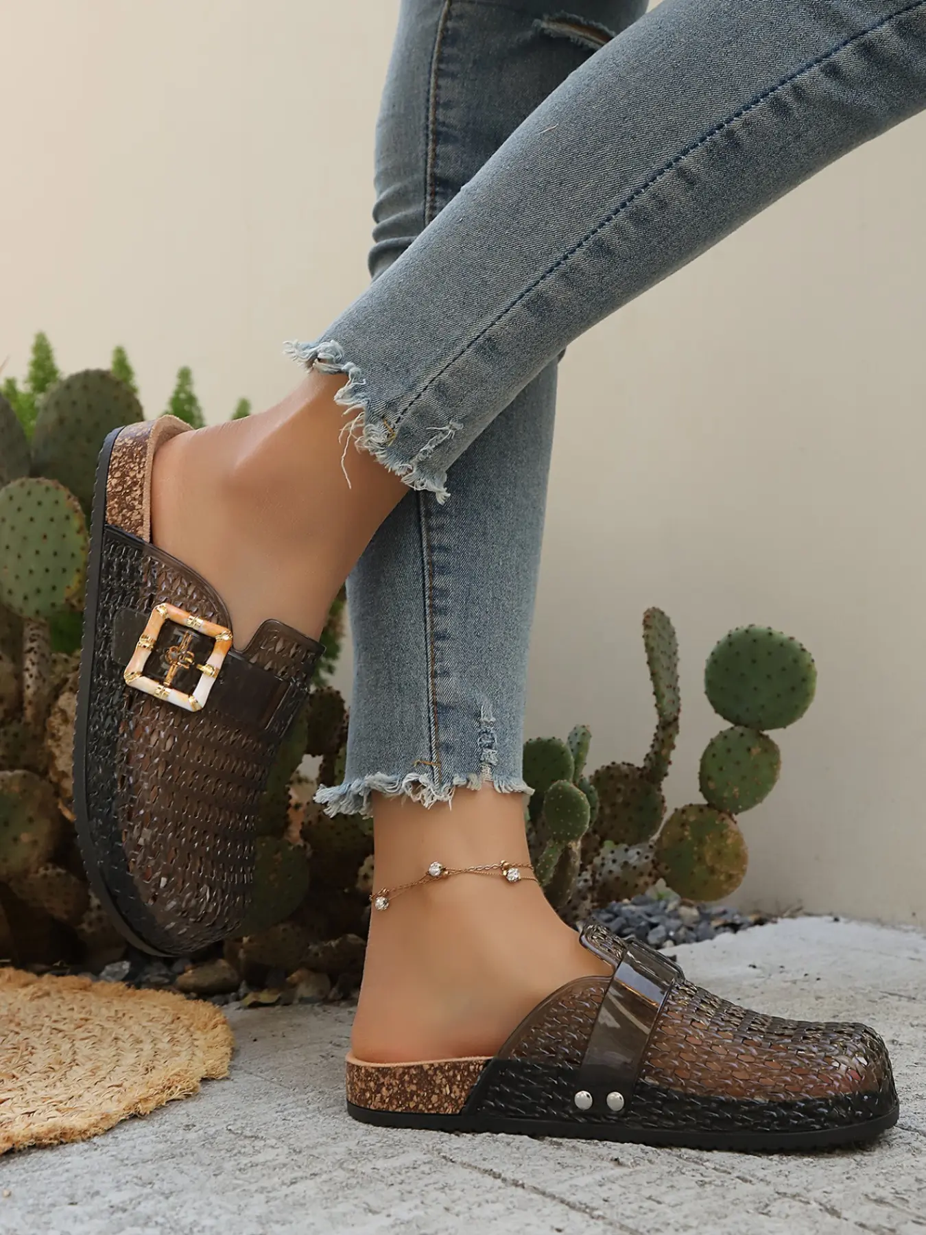 Women's Large Size Hollow Out Jelly Sandals, Crystal Soft Sole, Lightweight Casual Shoes, Breathable Backless Retro Holes Flat Sandal Shoes