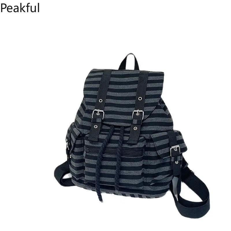 2026 New Vintage Stripe Backpack for Teen Girls, Korean Minimalist Large Capacity School Bag, Lightweight Casual Travel Daypack for Middle High School & Commute
