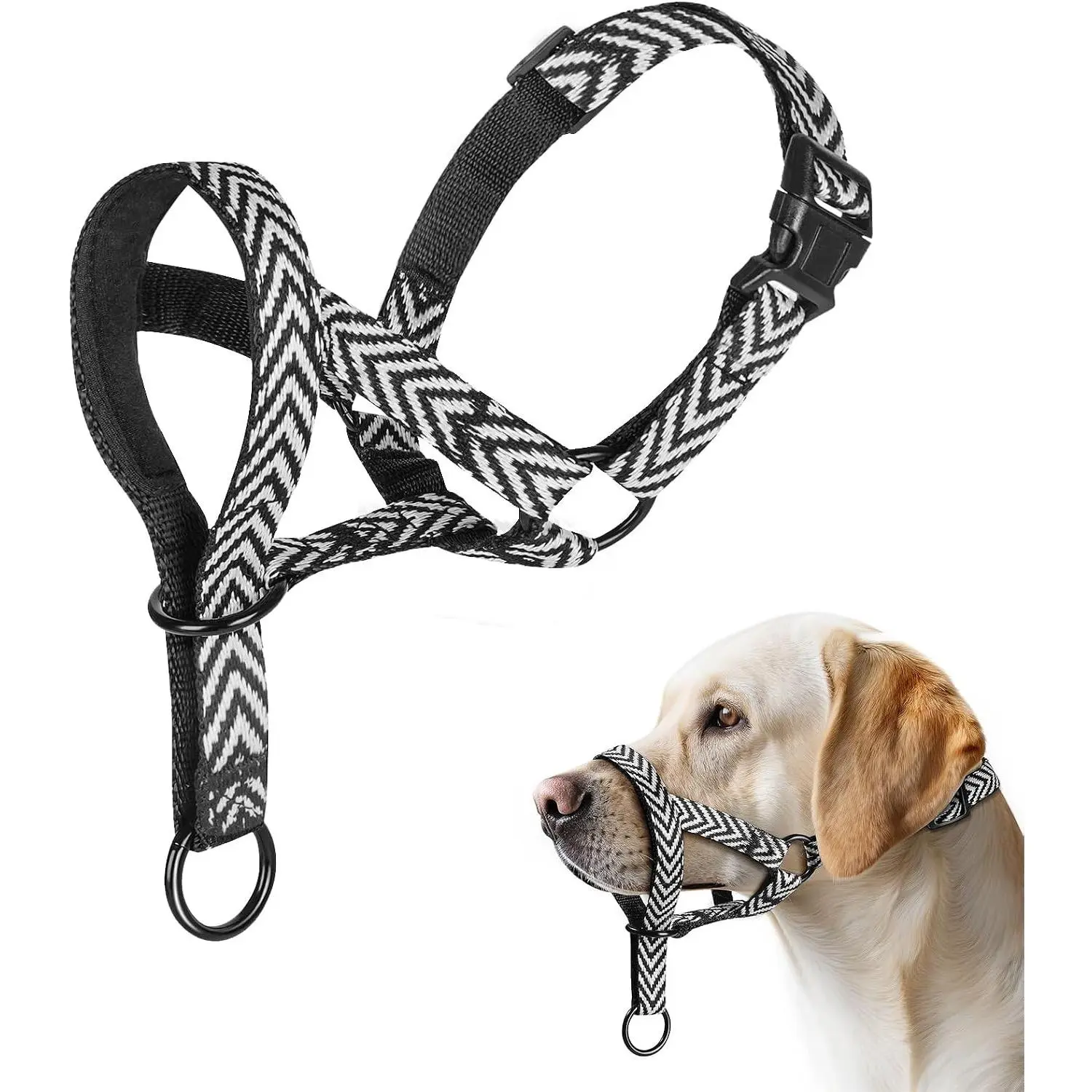Stripe Dog Head Collar - Breathable Fabric No-Pull Padded Halter, Adjustable Universal Fit Nose Leash for Small, Medium, Large Dogs (M), Prevents Pulling