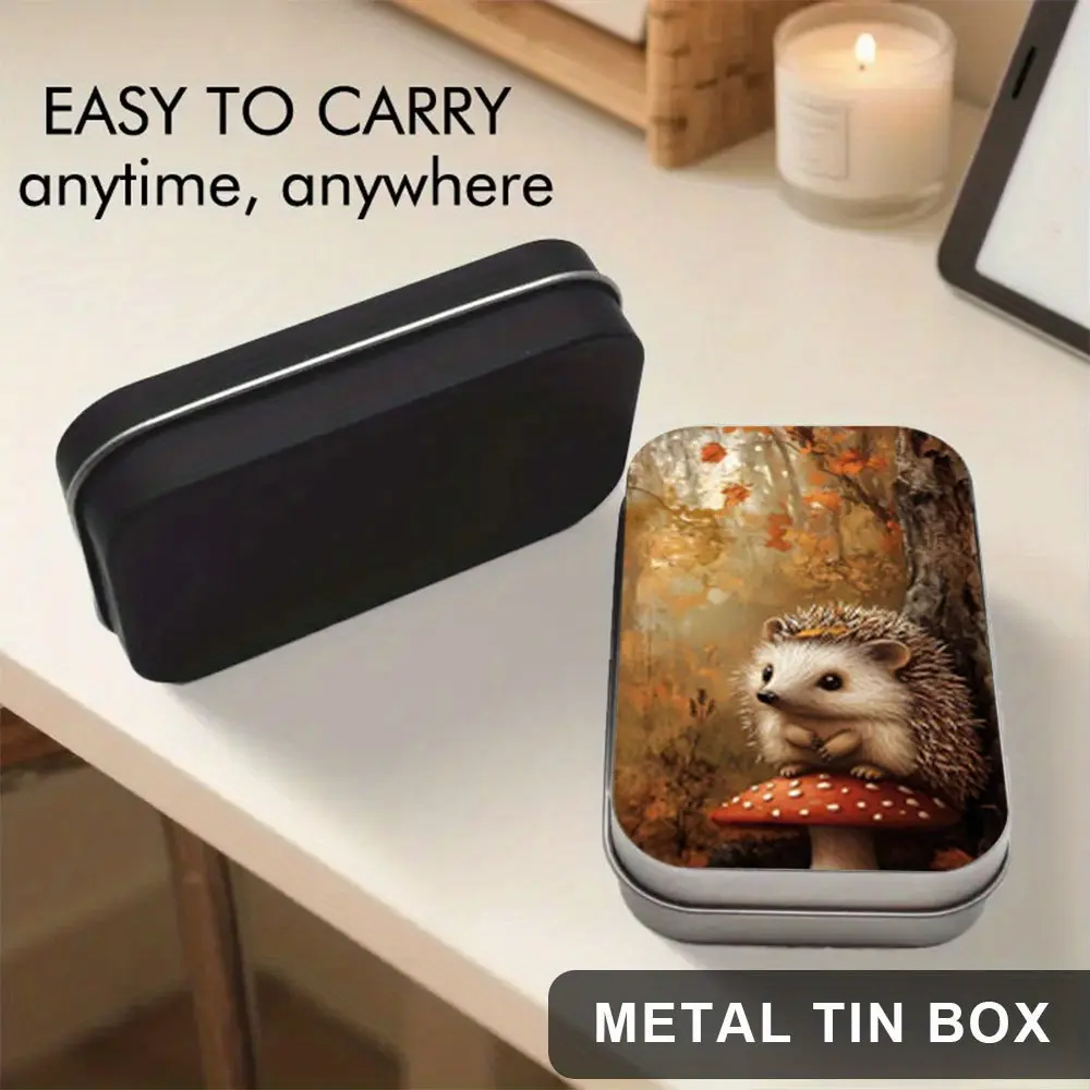 1 hedgehog and autumn leaf metal iron box - a country style iron flip mini storage box with a cute hedgehog shaped lid, suitable for storing party gifts, Christmas gifts, and souvenirs (square box, home decoration, durable and portable)